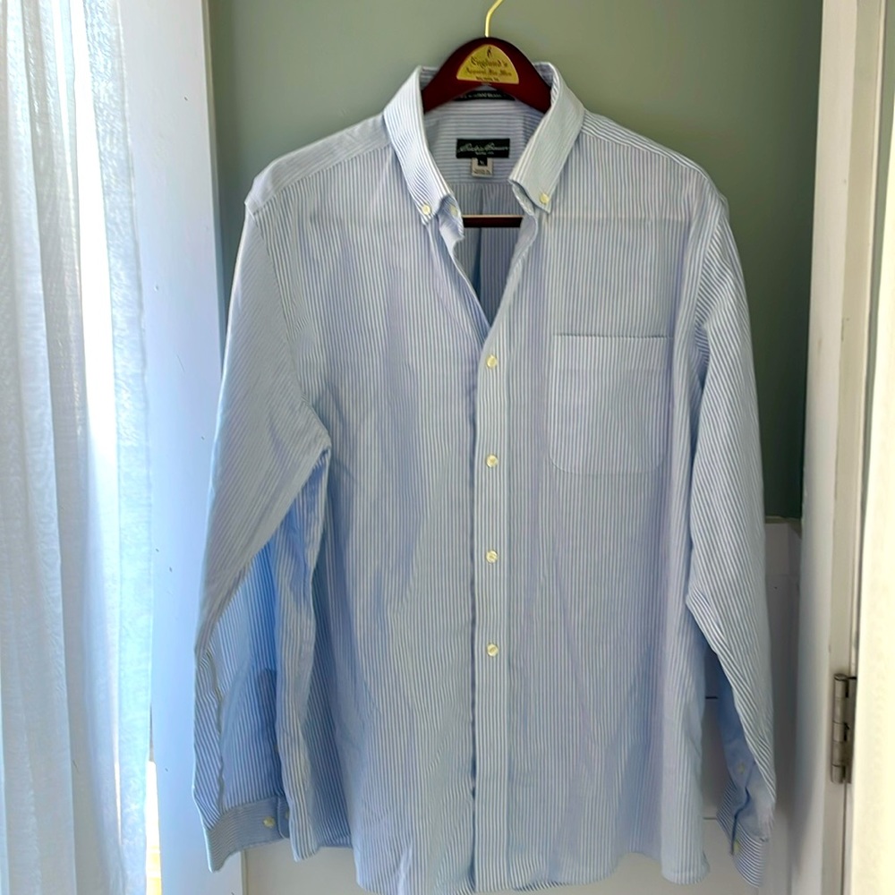 Men’s Big and Tall blue and white pinstriped relaxed fit button down shirt